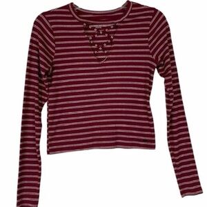 Hollister Burgundy and White Cropped Long Sleeve Tee